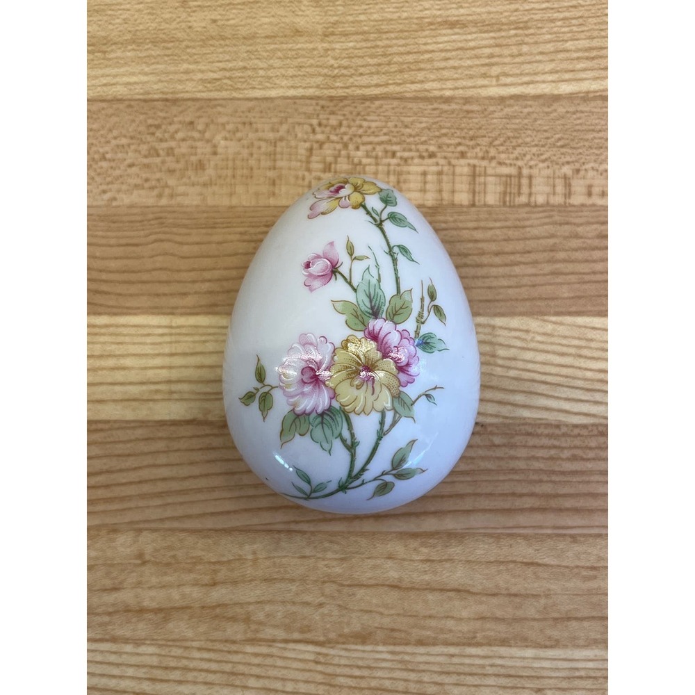 Vintage Porcelain Egg Shape Trinket Dish Pink Green Yellow Floral